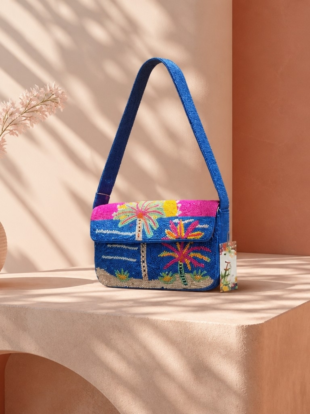 Beaded Tropical Palm Crossbody Bag - Blue & Pink